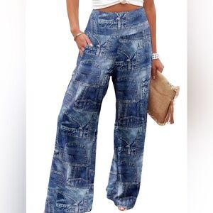 Blue Denim Print Wide-Leg Pants